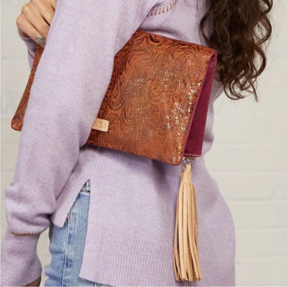 Consuela Sally Fold Over Leather Tooled Clutch